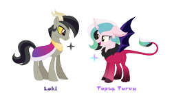 Size: 1070x614 | Tagged: safe, artist:hazardous-andy, base used, oc, oc only, oc:loki, oc:topsy turvy, parent:discord, parent:princess celestia, parents:dislestia, species:draconequus, species:pony, brother and sister, cape, clothing, cloven hooves, colored sclera, draconequus oc, duo, female, hybrid, interspecies offspring, leonine tail, male, offspring, simple background, stallion, transparent background