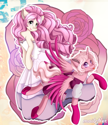 Size: 2000x2311 | Tagged: safe, artist:mailner, species:alicorn, species:pony, spoiler:steven universe, spoilers for another series, alicornified, blushing, clothing, crossover, diamond, dress, duo, female, flower, gloves, mane, mare, pink diamond (steven universe), pink hair, ponidox, ponified, race swap, rose, rose quartz (steven universe), self ponidox, shoes, socks, steven universe, tongue out