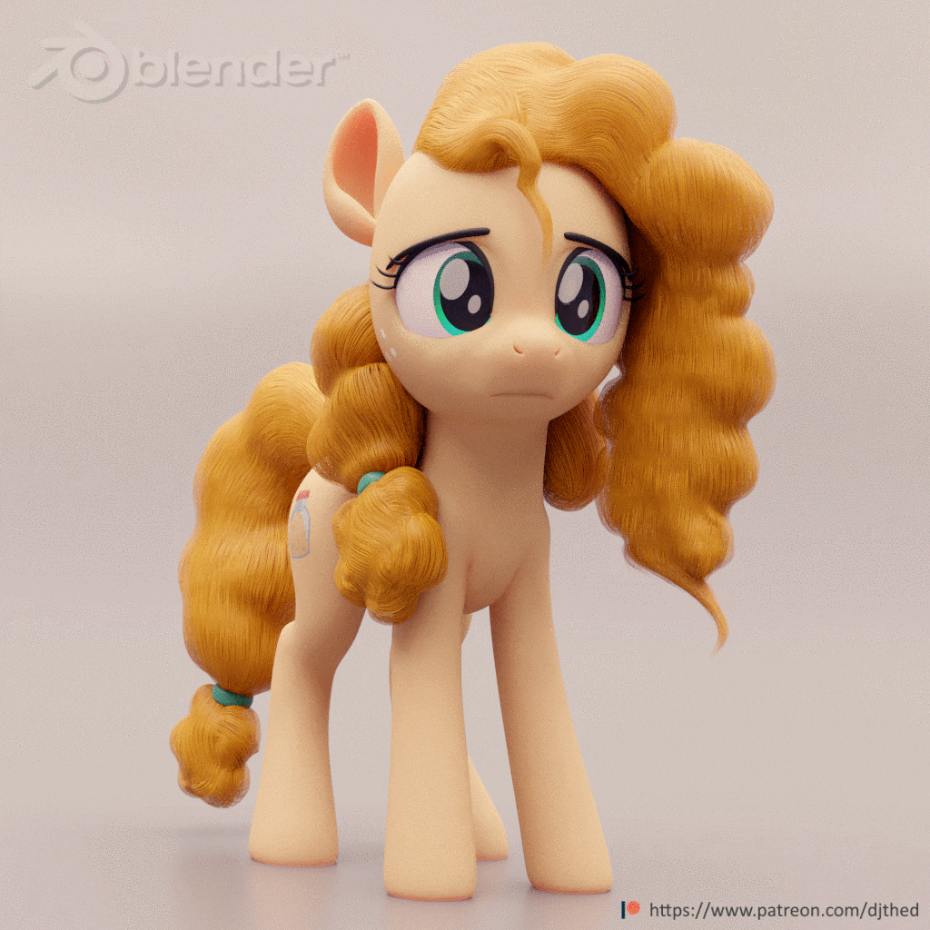 Size: 1024x1024 | Tagged: safe, artist:therealdjthed, character:pear butter, species:earth pony, species:pony, episode:the perfect pear, g4, my little pony: friendship is magic, 3d, 3d model, absurd file size, animated, blender, concerned, cute, cycles, cycles render, ear twitch, female, freckles, gif, gradient background, idle, idle animation, mare, model:djthed, patreon, patreon logo, pearabetes, perfect loop, sad, sadorable, simple background, solo