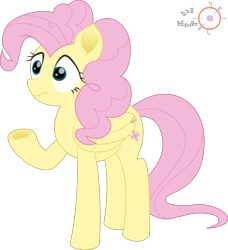 Size: 1824x2000 | Tagged: safe, artist:onil innarin, character:fluttershy, character:pinkie pie, species:pegasus, species:pony, episode:the mean 6, g4, my little pony: friendship is magic, alternate hairstyle, female, hairstyle swap, mane swap, mare, movie accurate, pinkie pie hair, signature, simple background, transparent background, underhoof, vector, voice actor joke