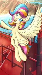 Size: 2160x3840 | Tagged: safe, artist:ravvij, oc, oc:golden gates, species:pegasus, species:pony, babscon, bridge, cute, female, flying, golden gates, happy, hill, mare, road, smiling, solo, wings