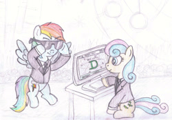Size: 920x640 | Tagged: safe, artist:m.w., character:bon bon, character:rainbow dash, character:sweetie drops, clothing, computer, men in black, parody, suit, sunglasses