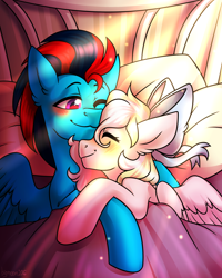 Size: 2000x2500 | Tagged: safe, artist:bigmoon206, oc, oc only, oc:andrew swiftwing, oc:bay breeze, species:pegasus, species:pony, bed, blanket, blushing, bow, couple, eyes closed, female, hair bow, male, mare, pillow, snuggling, stallion, swiftbreeze, wings