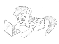 Size: 1000x750 | Tagged: safe, artist:m.w., character:rainbow dash, species:pegasus, species:pony, /mlp/, 4chan, computer, cute, drawthread, female, laptop computer, mare, monochrome, prone, simple background, smiling, solo, traditional art, white background