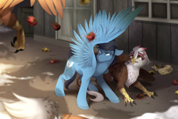 Size: 2230x1500 | Tagged: safe, artist:mr-tiaa, oc, oc only, oc:gretchen, oc:quicksilver, species:griffon, species:pegasus, species:pony, fanfic:where the heart lies, commission, digital art, duo, female, food, griffon oc, male, protecting, rotten tomatoes, spread wings, story in the source, story included, tomato, wings