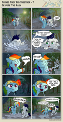 Size: 3599x6955 | Tagged: safe, artist:helmie-d, character:rainbow dash, character:soarin', species:pegasus, species:pony, comic:things they did together, ship:soarindash, bench, comic, dialogue, female, floppy ears, male, mare, rain, shipping, speech bubble, splashing, stallion, straight, streetlight, tree, umbrella, water