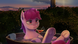 Size: 2560x1440 | Tagged: safe, artist:quvr, character:berry punch, character:berryshine, species:earth pony, species:pony, bath, bathing, cloud, cocktail, cocktail glass, drink, female, frog (hoof), mare, outdoors, relaxing, solo, twilight (astronomy), underhoof, water