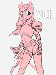 Size: 800x1067 | Tagged: safe, artist:yasuokakitsune, oc, species:anthro, species:pony, species:unicorn, advertisement, armor, armored pony, commission, fantasy, fantasy class, solo, sword, warrior, weapon, your character here