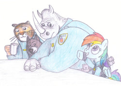 Size: 960x680 | Tagged: safe, artist:m.w., character:rainbow dash, species:wolf, newbie artist training grounds, big cat, crossover, cute, hoofbump, officer fangmeyer, officer mchorn, officer wolford, parody, police officer, rhinoceros, tiger, zootopia
