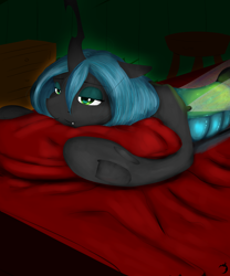 Size: 2000x2400 | Tagged: safe, artist:ruanshi, character:queen chrysalis, species:changeling, bed, blanket, female, sleepy, solo