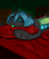 Size: 2000x2400 | Tagged: safe, artist:ruanshi, character:queen chrysalis, species:changeling, bed, blanket, blep, changeling queen, cute, cutealis, eyes closed, female, green tongue, silly, sleeping, solo, tongue out