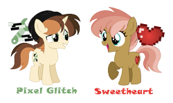 Size: 691x413 | Tagged: safe, artist:hazardous-andy, base used, oc, oc only, oc:pixel glitch, oc:sweetheart, parent:button mash, parent:sweetie belle, parents:sweetiemash, species:earth pony, species:pony, species:unicorn, beanie, brother and sister, clothing, colt, duo, female, filly, hat, male, offspring, simple background, transparent background