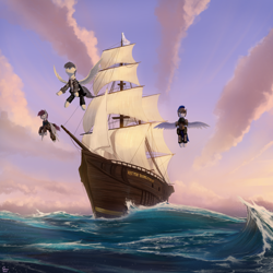 Size: 2560x2560 | Tagged: safe, artist:quvr, oc, species:pegasus, species:pony, commission, cover, equestrian flag, fanfic, fanfic art, fanfic cover, flag, flying, male, ocean, outdoors, sailship, ship, the stern was fat, water, wave