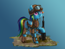 Size: 2753x2065 | Tagged: safe, artist:helmie-d, character:rainbow dash, species:pegasus, species:pony, assault rifle, body armor, clothing, dog tags, female, goggles, gun, mare, rifle, solo, weapon