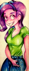 Size: 1329x3188 | Tagged: safe, artist:nolyanimeid, character:starlight glimmer, my little pony:equestria girls, clothing, cute, female, looking up, pants, simple background, smiling, solo, traditional art, white background