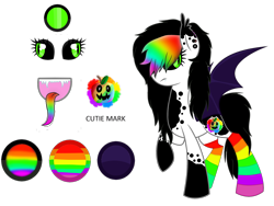 Size: 3408x2560 | Tagged: safe, artist:space--paws0w0, oc, oc only, oc:hallows eve, species:bat pony, species:pony, bat pony oc, clothing, colored sclera, colored tongue, ear piercing, earring, fangs, female, jewelry, mare, piercing, rainbow socks, rainbow tongue, reference sheet, simple background, socks, solo, striped socks, transparent background, vampire