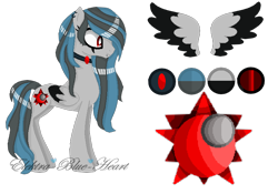 Size: 732x512 | Tagged: safe, artist:space--paws0w0, oc, oc only, oc:blue eclipse, species:pegasus, species:pony, choker, colored wings, ear piercing, earring, face tattoo, female, jewelry, mare, piercing, reference sheet, simple background, snake bites, solo, tattoo, transparent background, two toned wings