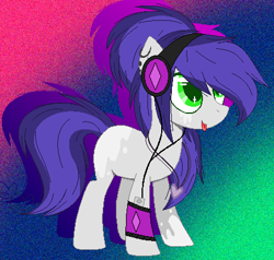 Size: 435x414 | Tagged: safe, artist:space--paws0w0, oc, oc only, oc:roadwork track, species:earth pony, species:pony, armband, coat markings, ear piercing, earring, female, gradient background, headphones, ipod, jewelry, mare, necklace, piercing, socks (coat marking), solo, tongue out