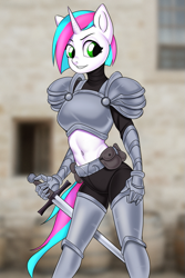 Size: 533x800 | Tagged: safe, artist:yasuokakitsune, oc, oc only, oc:fluorescent luminosity, species:anthro, species:pony, species:unicorn, anthro oc, armor, armored pony, belly button, fantasy class, female, mare, solo, sword, unconvincing armor, warrior, weapon, ych result