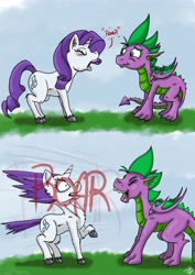 Size: 3508x4961 | Tagged: safe, artist:dinodraketakethecake, character:rarity, character:spike, species:dragon, species:pony, ship:sparity, female, male, mare, older, older spike, quadrupedal spike, roar, shipping, straight, winged spike, you tried