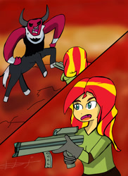 Size: 2554x3499 | Tagged: safe, artist:helsaabi, character:lord tirek, character:sunset shimmer, clothing, doom, doomguy, gun, weapon