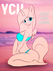 Size: 600x800 | Tagged: safe, artist:yasuokakitsune, species:anthro, advertisement, beach, clothing, commission, cutie, looking at you, ocean, sand, shy, sitting, solo, sunset, swimsuit, your character here