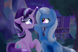 Size: 1024x679 | Tagged: safe, artist:envygirl95, character:starlight glimmer, character:trixie, species:pony, species:unicorn, ship:startrix, blushing, boop, cute, diatrixes, female, glimmerbetes, horns are touching, lesbian, mare, romantic, shipping, trixie's wagon