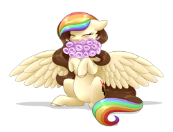 Size: 1024x782 | Tagged: safe, artist:whitehershey, oc, oc only, oc:splatter paw, blushing, colored hooves, eyes closed, flower, rainbow hair, simple background, smiling, sniffing, solo, spread wings, transparent background, wings