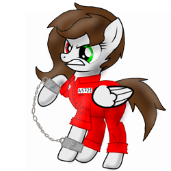 Size: 768x768 | Tagged: safe, artist:thunder burst, oc, species:pegasus, species:pony, clothing, cuffs, female, heterochromia, mare, prison, prison outfit, prisoner, shackles, simple background, solo, transparent background