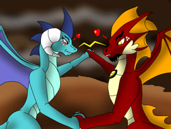 Size: 2441x1849 | Tagged: safe, artist:pd123sonic, character:princess ember, oc, oc:garro, species:dragon, blushing, canon x oc, dragon lord ember, dragoness, female, heart, holding hands, looking at each other, male, not garble, sparring