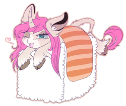 Size: 1500x1265 | Tagged: safe, artist:hagalazka, oc, oc only, oc:tarot, species:classical unicorn, species:pony, species:unicorn, blep, blue eyes, cloven hooves, curved horn, cute, ear piercing, earring, female, floppy ears, fluffy, food, freckles, heart, jewelry, leonine tail, long mane, long tail, looking at you, mare, palomino, piercing, pink mane, ponies in food, prone, rice, salmon, silly, silly pony, simple background, smiling, solo, sushi, sushi pony, tongue out, transparent background, unshorn fetlocks