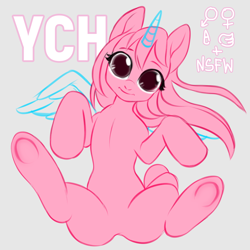 Size: 700x700 | Tagged: safe, artist:yasuokakitsune, species:alicorn, species:pony, advertisement, commission, cute face, looking at you, on back, smiling, solo, your character here