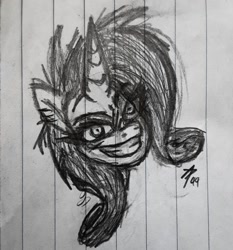 Size: 1080x1159 | Tagged: safe, artist:palmartz44, character:rarity, lil-miss rarity, creepypasta, dark, female, insanity, lined paper, rarisnap, sketch, solo, traditional art