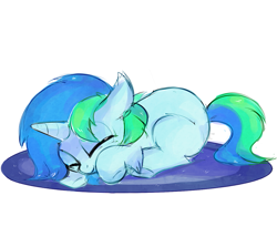 Size: 837x717 | Tagged: safe, artist:aureai-sketches, oc, oc only, oc:cyan lightning, species:pony, species:unicorn, colt, floppy ears, hoof fluff, lying down, male, simple background, sleeping, solo, white background