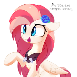 Size: 705x705 | Tagged: safe, artist:aureai, oc, oc only, oc:aureai, species:pegasus, species:pony, adorable face, aureai is trying to murder us, chest fluff, clothing, confused, cute, ear fluff, female, floppy ears, flower, flower in hair, fluffy, folded wings, hoof fluff, leg fluff, mare, open mouth, pony.exe has stopped working, raised eyebrow, raised hoof, scarf, simple background, sitting, smiling, solo, stuck, weapons-grade cute, white background, wing fluff