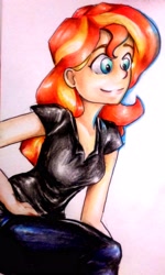 Size: 2377x3950 | Tagged: safe, artist:nolyanimeid, character:sunset shimmer, episode:opening night, g4, my little pony: equestria girls, my little pony:equestria girls, clothing, director, female, pants, simple background, smiling, solo, traditional art, white background