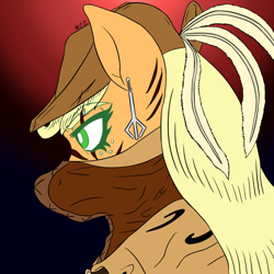 Size: 1024x1024 | Tagged: safe, artist:korencz11, character:applejack, newbie artist training grounds, atg 2018, bloodborne, clothing, crossover, ear piercing, earring, feather, female, freckles, hat, jewelry, piercing, scar, solo
