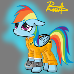 Size: 768x768 | Tagged: safe, artist:thunder burst, character:rainbow dash, species:pegasus, species:pony, b-f16, clothing, cuffs, female, never doubt rainbowdash69's involvement, prison outfit, prisoner, prisoner rd, shackles, solo