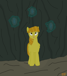 Size: 3500x4000 | Tagged: safe, artist:devfield, oc, oc:golden star, cave, gem, levitation, magic, offscreen character, surprised, telekinesis, two toned mane, two toned tail, yellow eyes