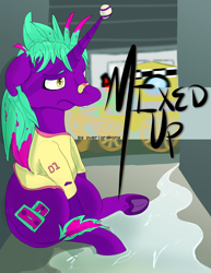 Size: 1488x1926 | Tagged: safe, artist:overlord pony, oc, oc only, oc:mix tape, species:hinny, species:pony, species:unicorn, bandaid, clothing, horn, horn impalement, nonbinary, shirt, solo, tennis ball, underhoof