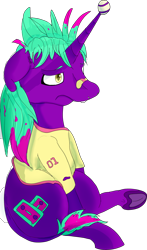 Size: 2086x3543 | Tagged: safe, artist:overlord pony, oc, oc only, oc:mix tape, species:hinny, species:pony, species:unicorn, bandaid, clothing, horn, horn impalement, nonbinary, sad, shirt, simple background, solo, tennis ball, transparent background, underhoof