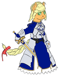Size: 1024x1284 | Tagged: safe, artist:korencz11, character:applejack, newbie artist training grounds, artoria pendragon, atg 2018, crossover, excalibur, fate/stay night, female, simple background, solo, sword, transparent background, weapon
