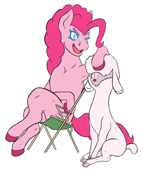 Size: 1024x1224 | Tagged: safe, artist:korencz11, community related, character:pinkie pie, character:pom lamb, species:pony, species:sheep, newbie artist training grounds, them's fightin' herds, armpits, atg 2018, chair, cloven hooves, colored hooves, female, lamb, mare, simple background, sitting, transparent background