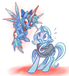 Size: 651x714 | Tagged: dead source, safe, artist:modern-warmare, character:trixie, species:alicorn, species:pony, alicorn amulet, cirno, cloak, clothing, crossover, floppy ears, frown, glowing eyes, glowing horn, open mouth, ponified, scared, simple background, smiling, touhou, white background, wide eyes