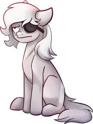 Size: 682x914 | Tagged: safe, artist:chirpy-chi, oc, oc:iron maiden, species:earth pony, species:pony, albino, eyepatch, female, grumpy, mare, simple background, sitting, solo, transparent background