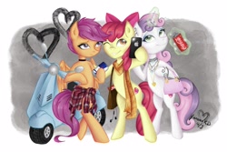 Size: 2500x1667 | Tagged: safe, artist:yuntaoxd, character:apple bloom, character:scootaloo, character:sweetie belle, species:earth pony, species:pegasus, species:pony, species:unicorn, accessories, bag, bipedal, bracelet, cellphone, choker, clothing, coca-cola, cutie mark crusaders, ear piercing, earbuds, earring, energy drink, eyeshadow, iphone, jewelry, magic, makeup, necklace, older, older apple bloom, older scootaloo, older sweetie belle, phone, piercing, red bull, scarf, scooter, selfie, simple background, smartphone