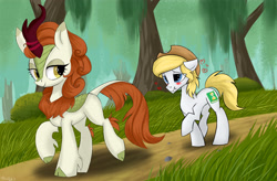 Size: 3800x2500 | Tagged: safe, artist:hydrargyrum, edit, character:autumn blaze, oc, oc:hickory switch, species:earth pony, species:kirin, species:pony, episode:sounds of silence, g4, my little pony: friendship is magic, spoiler:s08, bedroom eyes, blue eyes, blushing, canon x oc, clothing, cloven hooves, commission, cowboy hat, curved horn, cutie mark, female, hat, heart, horn, leonine tail, looking back, male, scenery, shipping, stetson, straight, walking, ych result