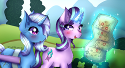 Size: 2500x1363 | Tagged: safe, artist:midoriya_shouto, character:starlight glimmer, character:trixie, species:pony, species:unicorn, episode:on the road to friendship, cute, digital art, duo, female, glowing horn, map, mare, redraw, scene interpretation