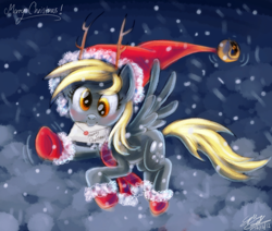 Size: 800x678 | Tagged: safe, artist:sophiesplushies, character:derpy hooves, species:pegasus, species:pony, antlers, blushing, christmas, clothing, female, hat, letter, looking at you, mare, santa hat, scarf, snow, snowfall, socks, solo, waving