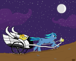 Size: 3500x2800 | Tagged: safe, artist:devfield, oc, oc only, oc:golden star, species:pegasus, species:pony, species:unicorn, chariot, female, frown, initial d, lantern, lidded eyes, mare, moon, night, outdoors, racing, raised hoof, reference, running, serious, stars, two toned mane, two toned tail